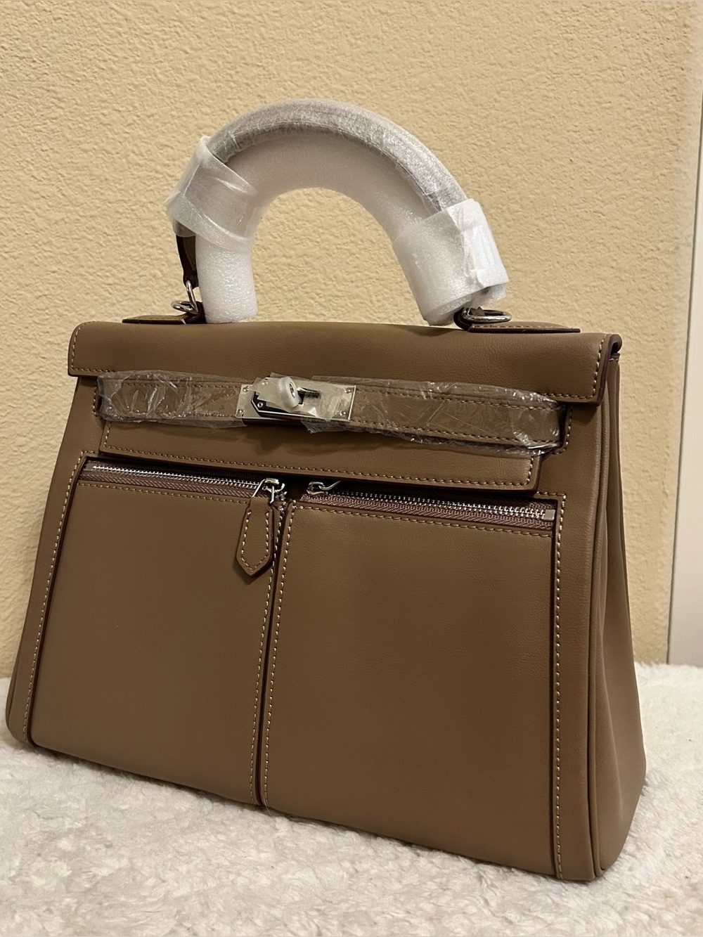 28cm Etaupe Top Handle Double Front Pocket Leather Satchel
